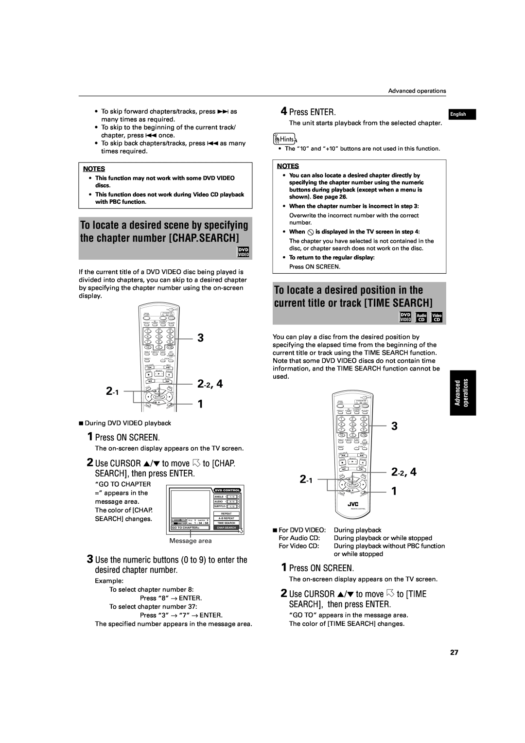 JVC XV-S60 manual 2 -2, Press ON SCREEN, Use the numeric buttons 0 to 9 to enter the desired chapter number, Press ENTER 