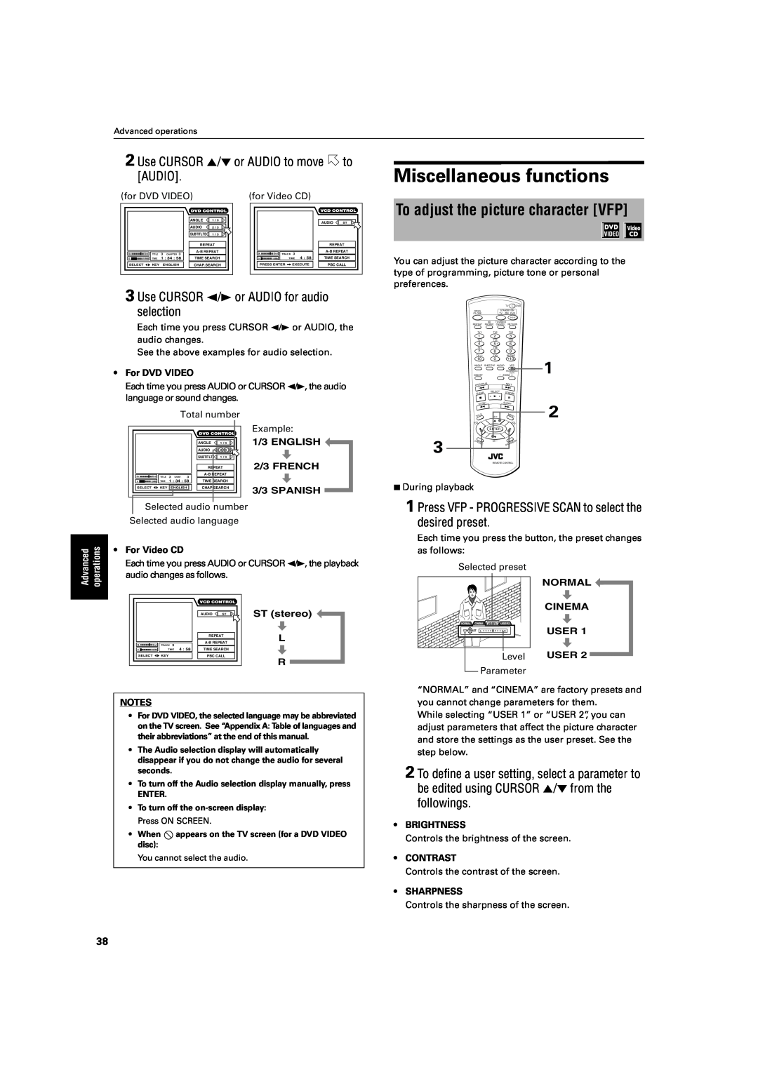 JVC XV-S60 manual Miscellaneous functions, To adjust the picture character VFP, Use CURSOR 5/∞ or AUDIO to move to AUDIO 