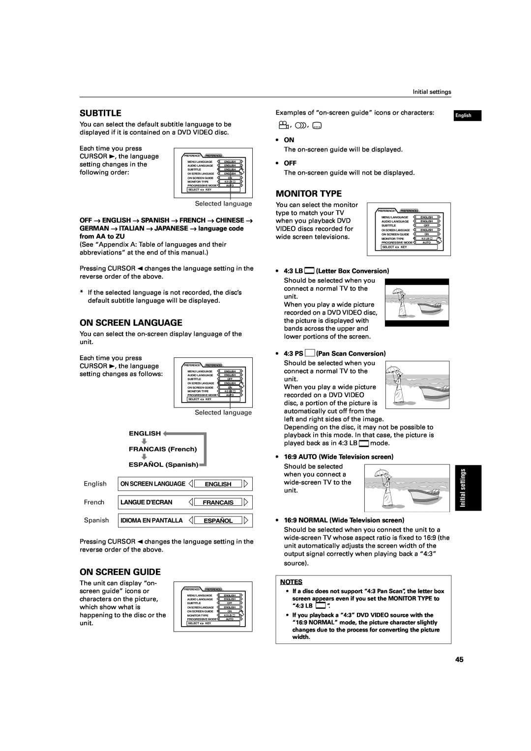JVC XV-S60 manual Subtitle, Monitor Type, On Screen Language, On Screen Guide, Selected language, French, Initial settings 