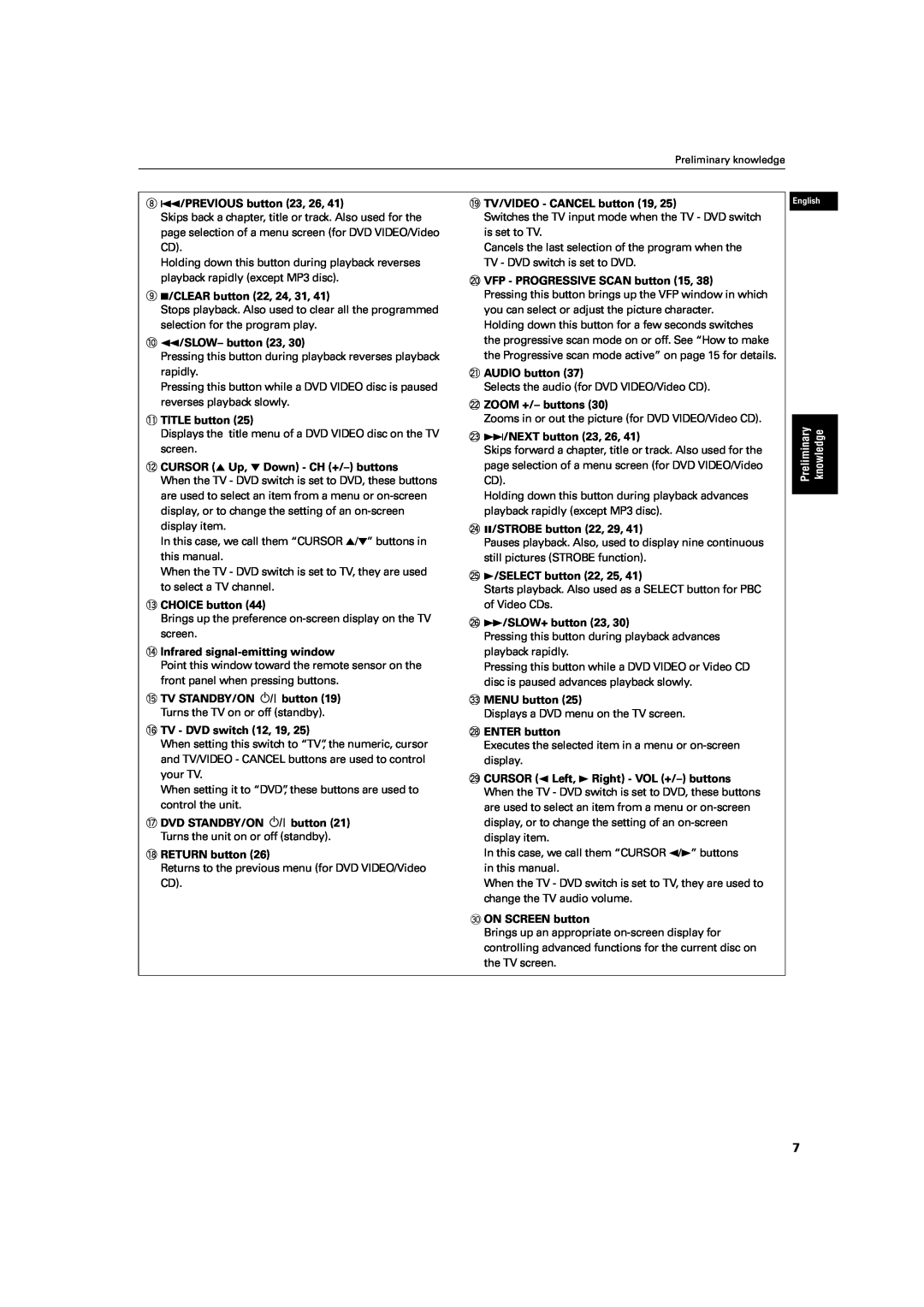 JVC XV-S60 manual 8 4/PREVIOUS button 23, 26, Preliminary, knowledge 