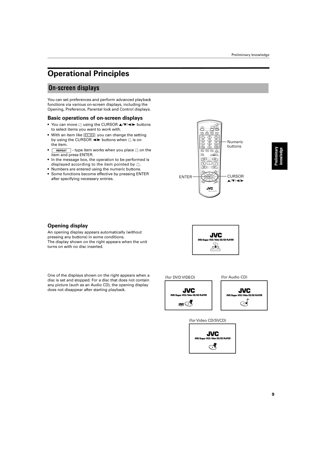 JVC XV-S60BK On-screen displays, Preliminaryknowledge, Numeric, Buttons, For DVD Video For Audio CD For Video CD/SVCD 