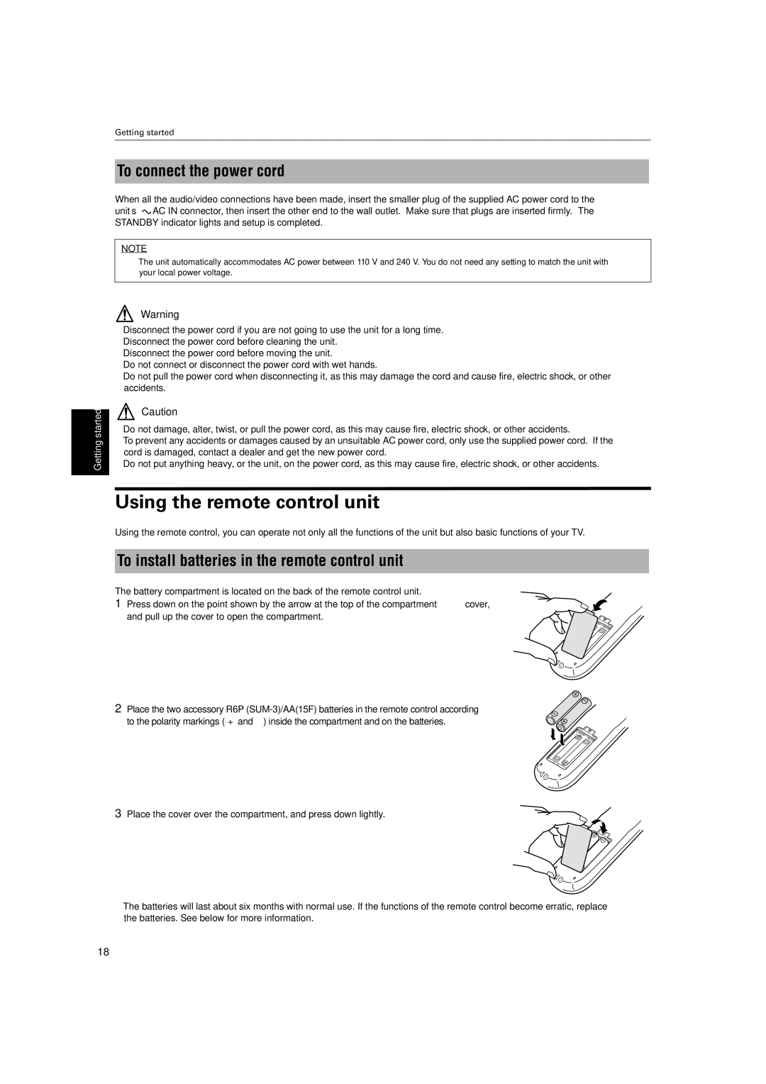 JVC XV-S60BK manual To install batteries Remote control unit 