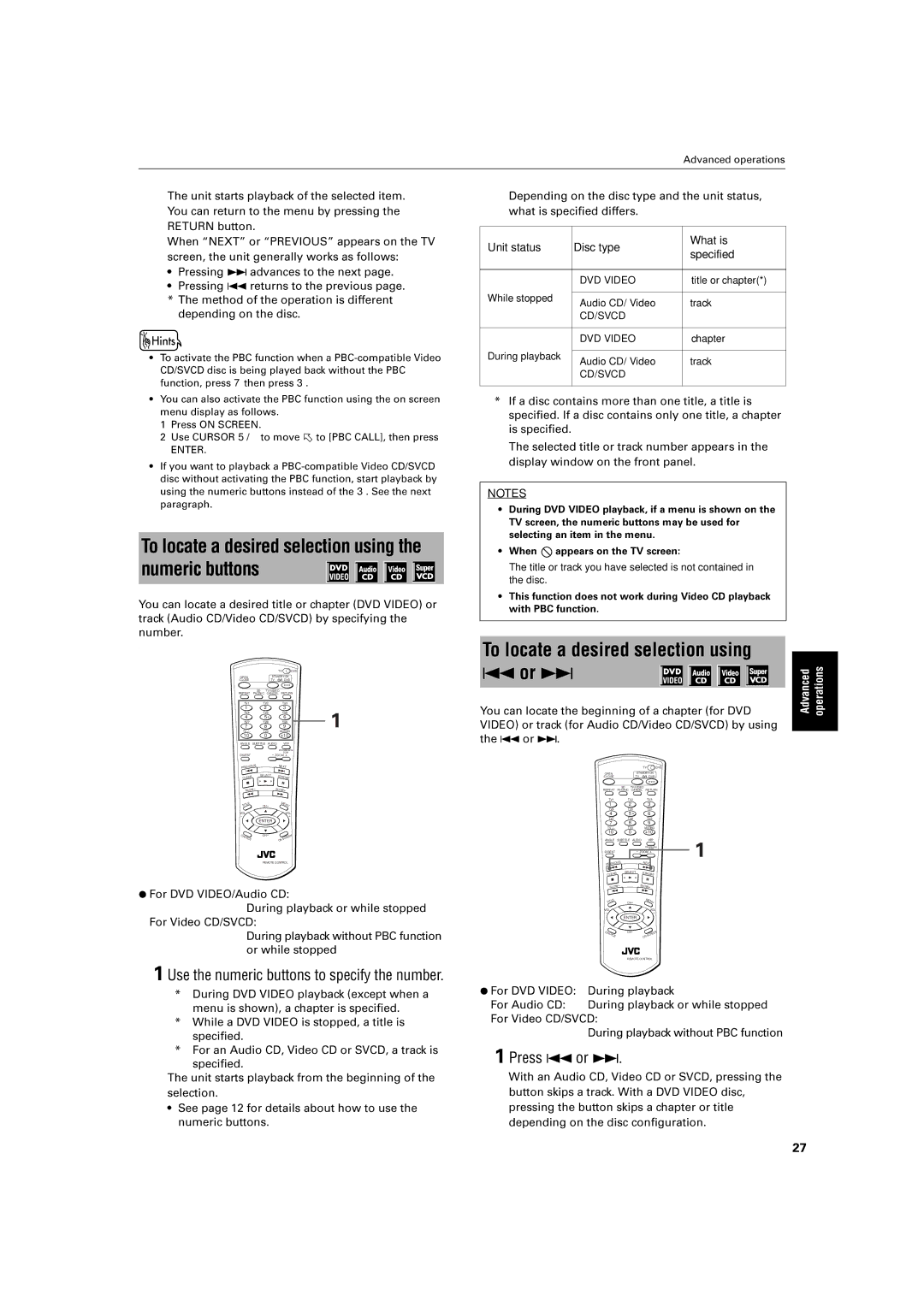 JVC XV-S60BK manual Video, Numeric buttons, Nitemint, Audio, To locate a desired selection using 