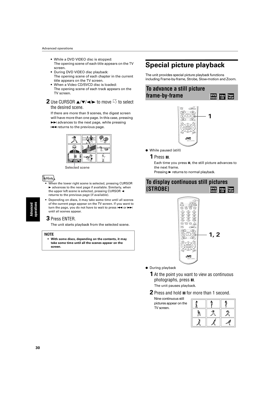 JVC XV-S60BK manual To advance a still picture frame-by-frame, To display continuous still pictures, Strobe 