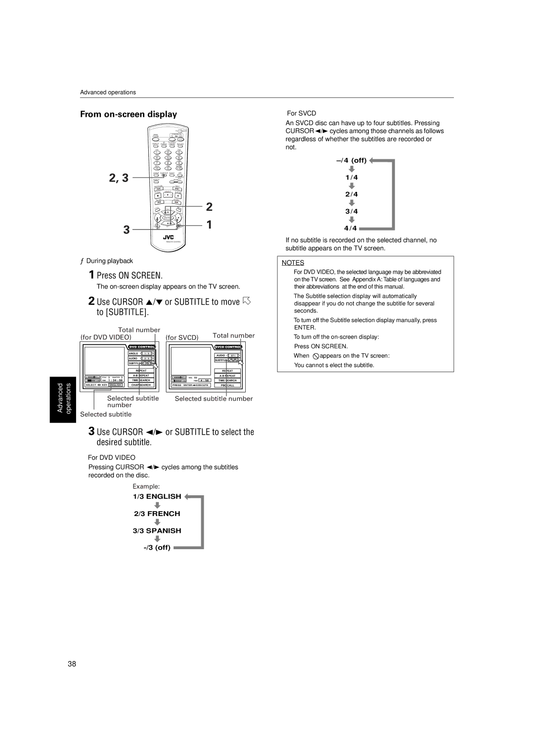 JVC XV-S60BK manual Use Cursor 5/ or Subtitle to move to Subtitle, Or Subtitle to select 