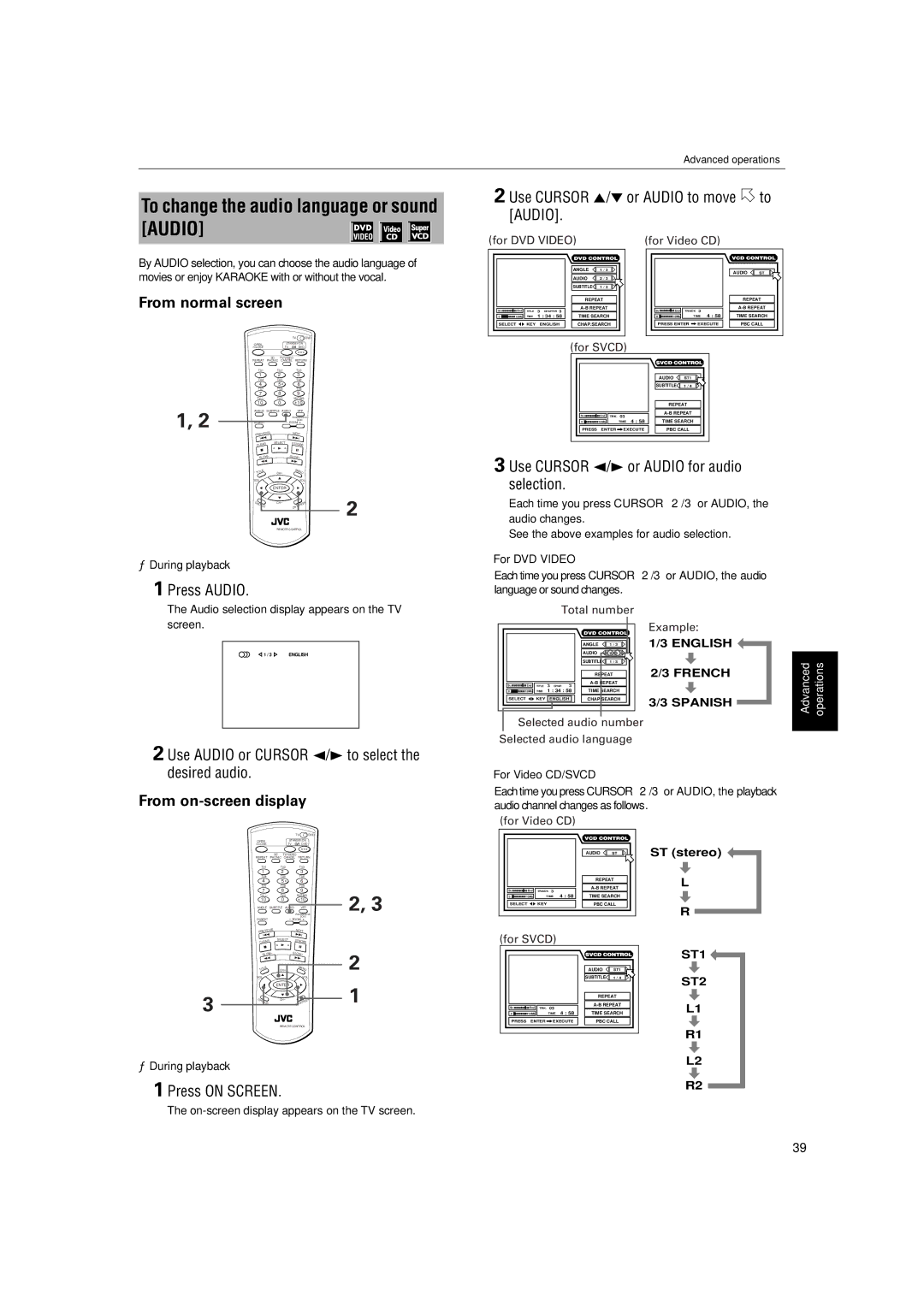 JVC XV-S60BK manual OntheTV, To change the audio language or sound, Use Cursor 5/ or Audio to move to Audio 