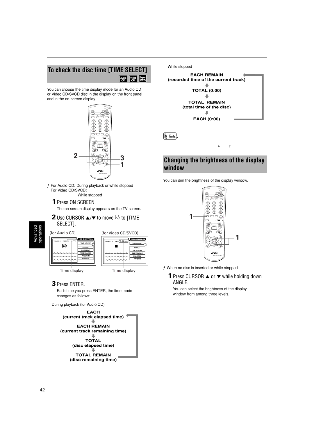 JVC XV-S60BK manual Changing the brightness of the display, To check the disc time Time Select, To Time 