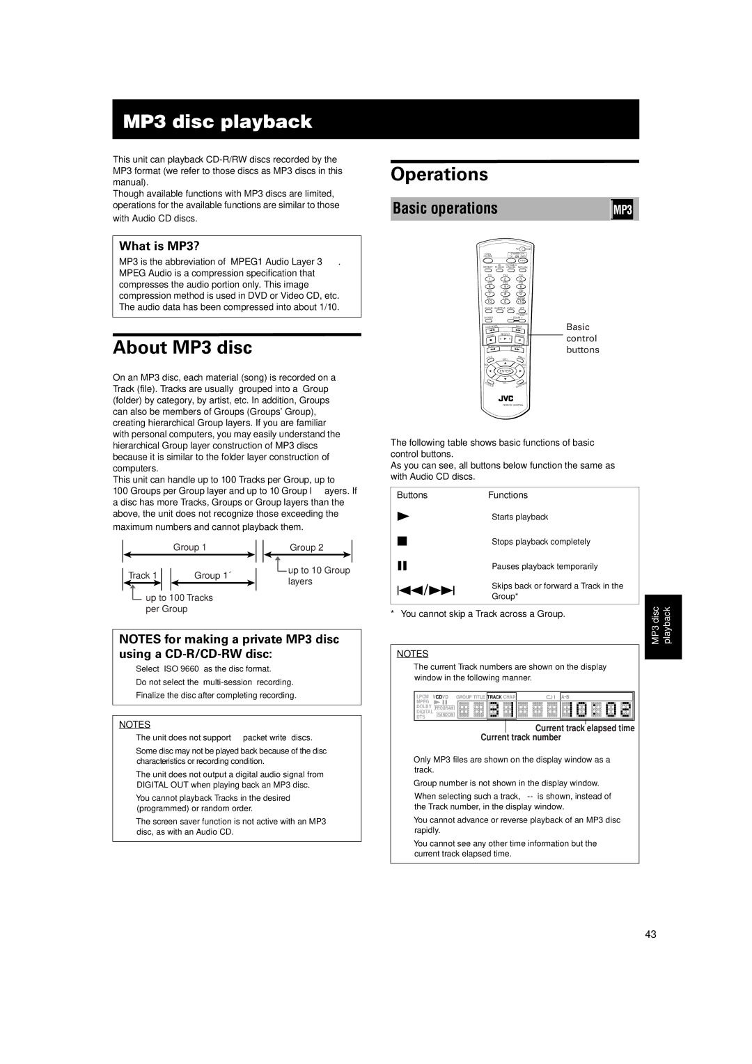 JVC XV-S60BK manual Operations, Playing, Basic operations 