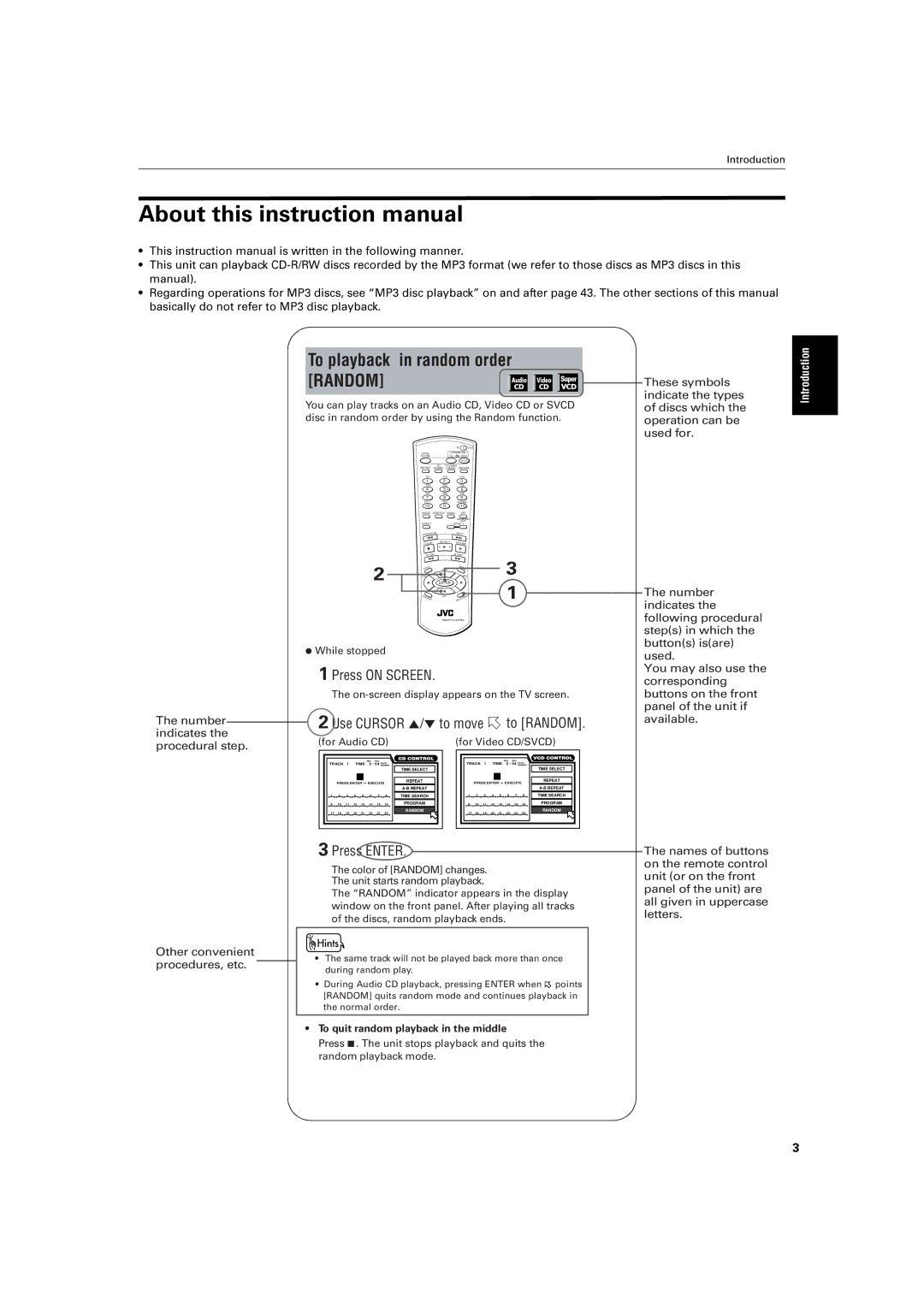 JVC XV-S60BK manual Introduction, Number indicates the procedural step 