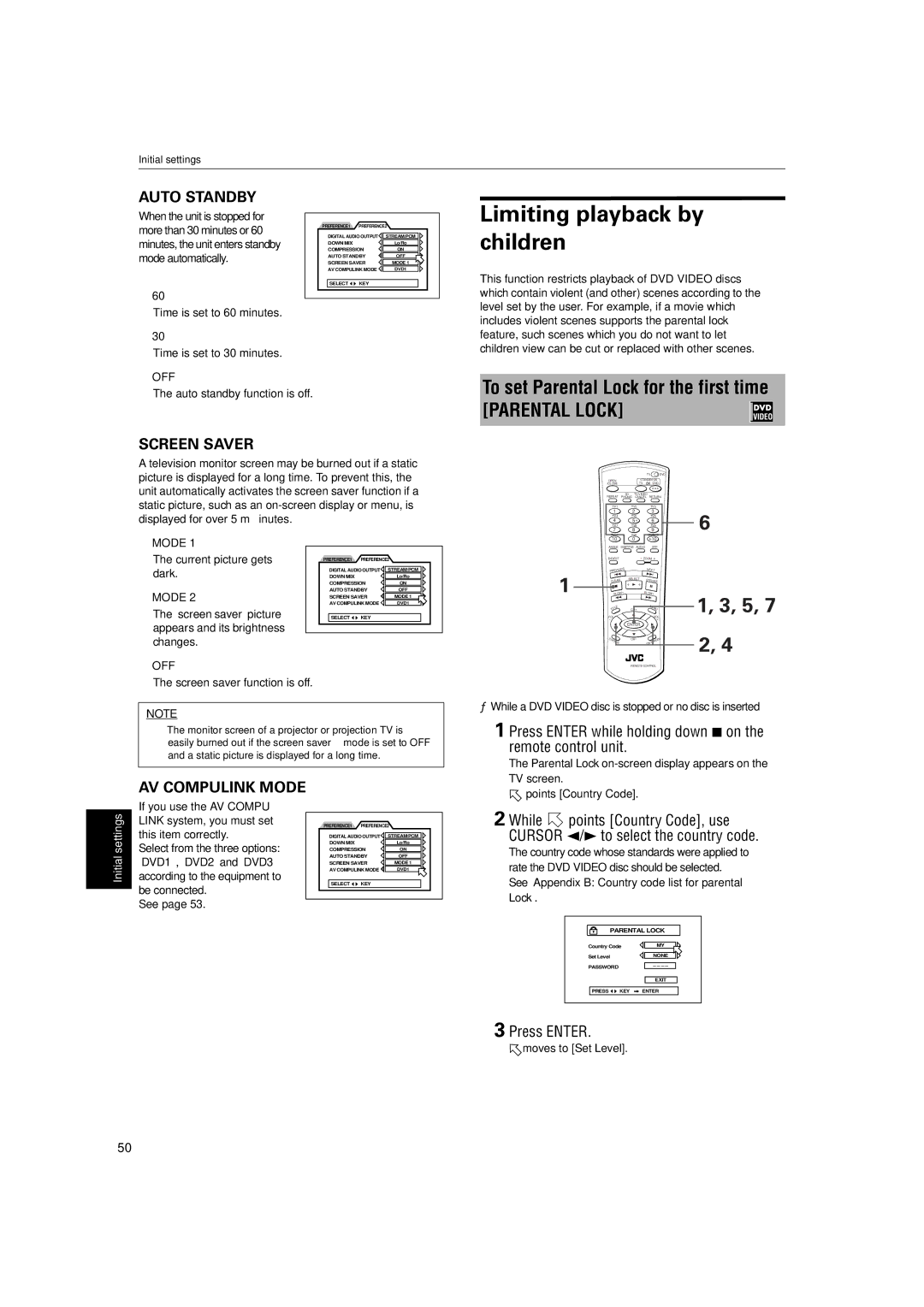 JVC XV-S60BK manual Limiting playback by, To set Parental Lock for the first time 