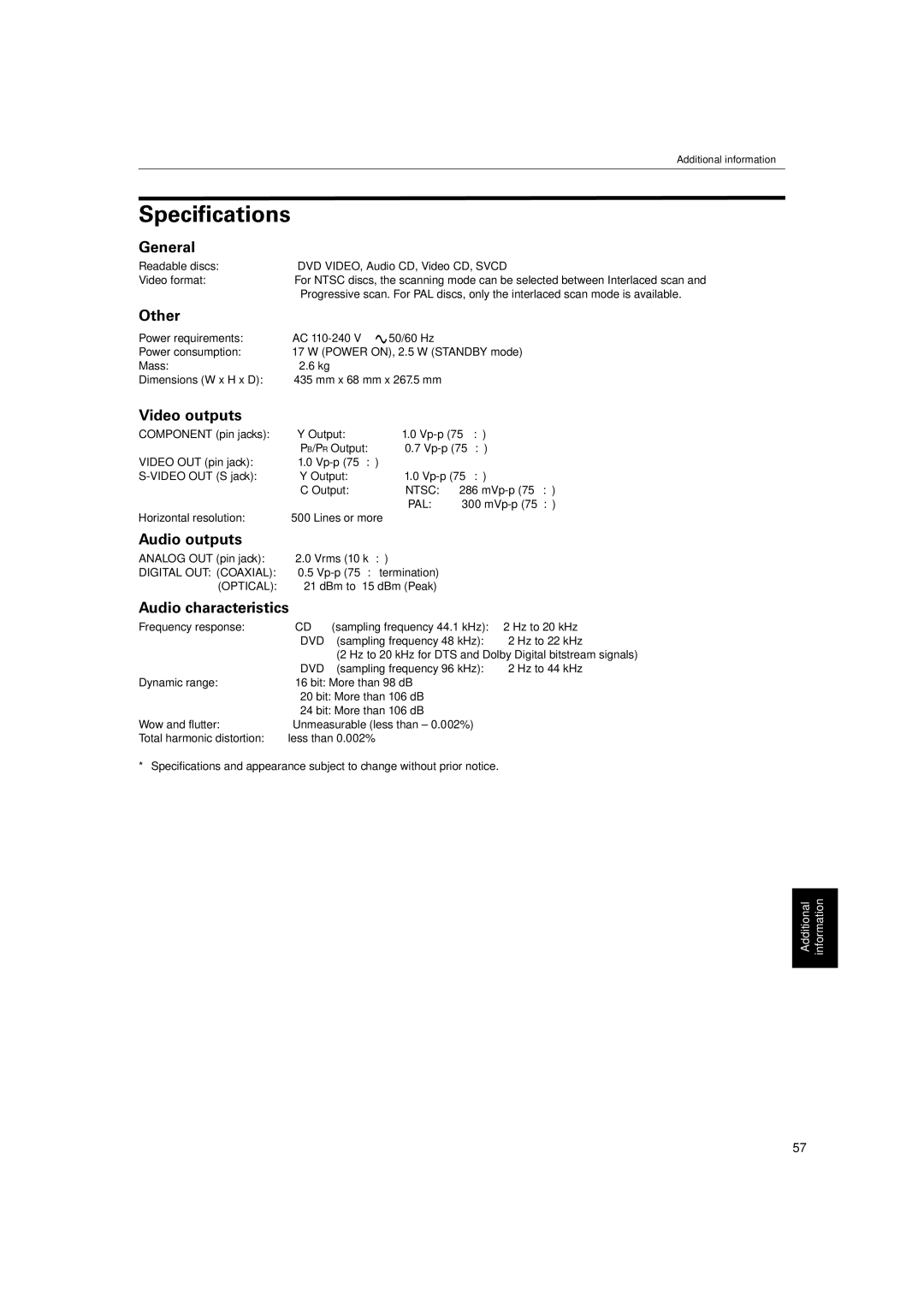 JVC XV-S60BK manual Specifications, GeneralReadableVideoformatdiscs 