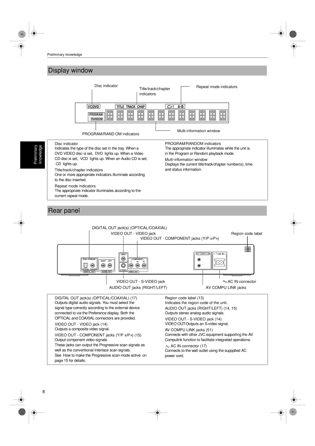 JVC XV-S65GD, XV-S62SL manual Display window, Rear panel, Multi-information window PROGRAM/RANDOM indicators 