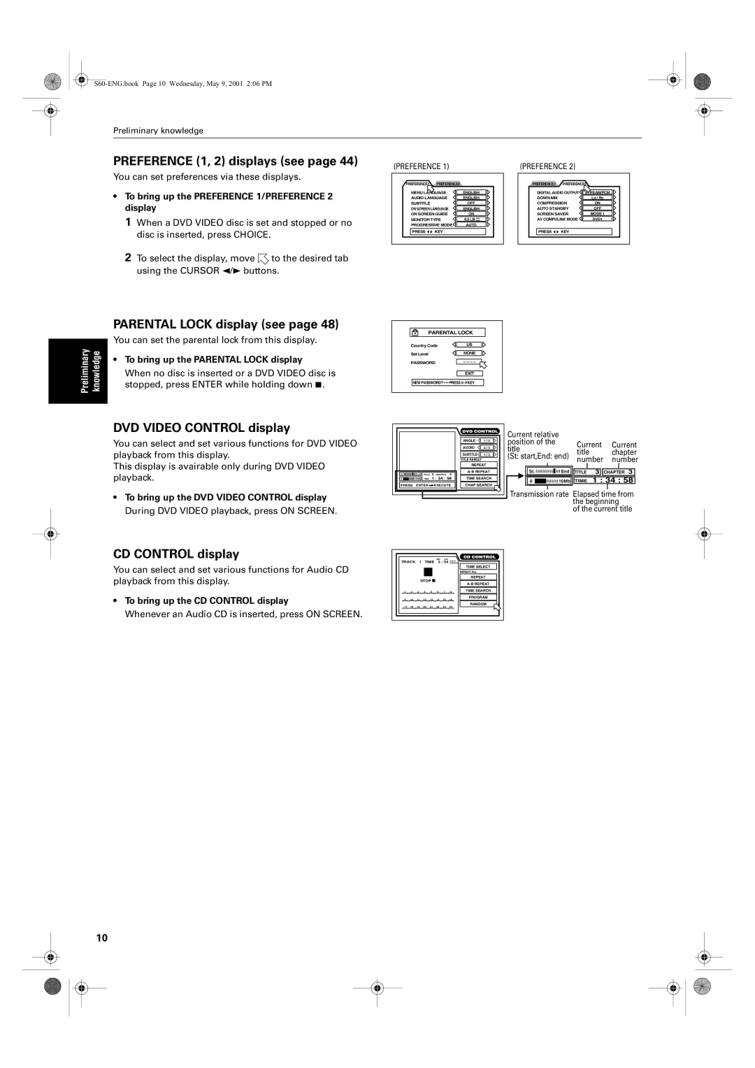 JVC XV-S65GD manual Preference 1, 2 displays see, Parental Lock display see, DVD Video Control display, CD Control display 