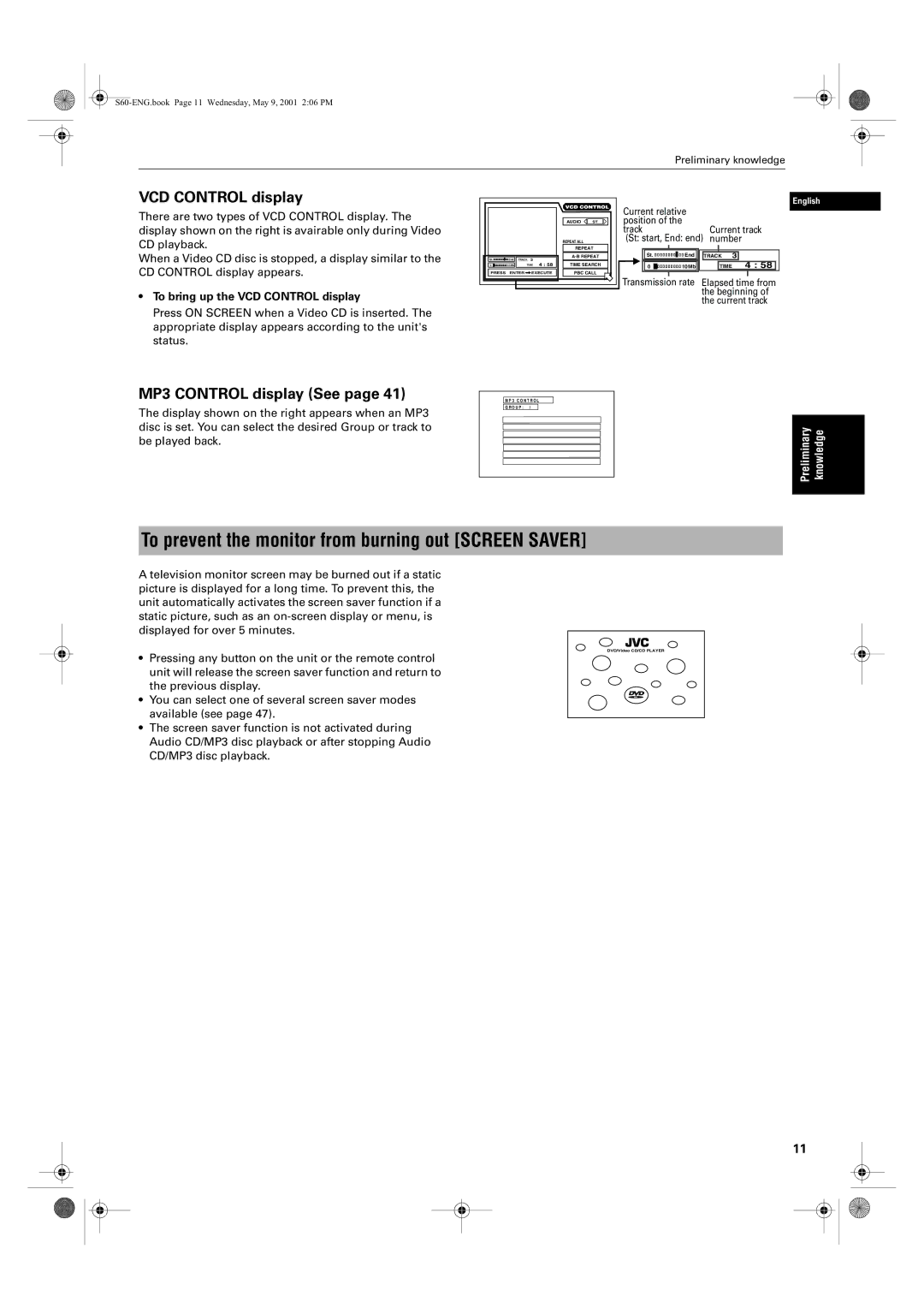 JVC XV-S62SL, XV-S65GD To prevent the monitor from burning out Screen Saver, VCD Control display, MP3 Control display See 