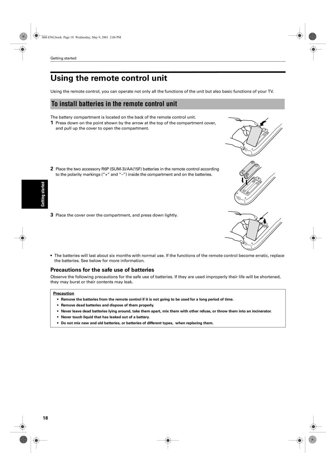 JVC XV-S65GD, XV-S62SL manual Using the remote control unit, To install batteries in the remote control unit, Precaution 