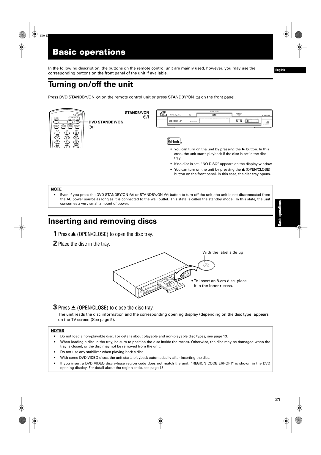 JVC XV-S62SL, XV-S65GD manual Basic operations, Turning on/off the unit, Inserting and removing discs 