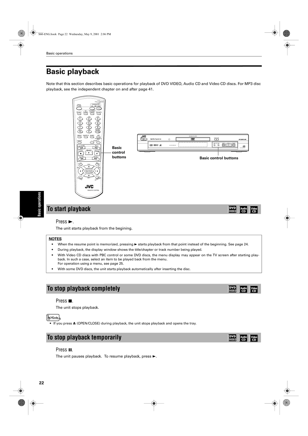 JVC XV-S65GD, XV-S62SL Basic playback, To start playback, To stop playback completely, To stop playback temporarily, Press 