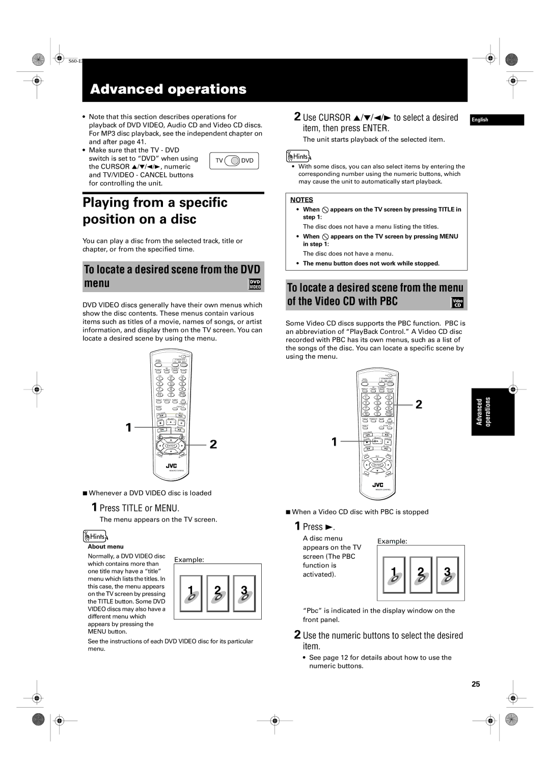 JVC XV-S62SL, XV-S65GD manual Advanced operations, To locate a desired scene from the DVD menu, Press Title or Menu, Example 