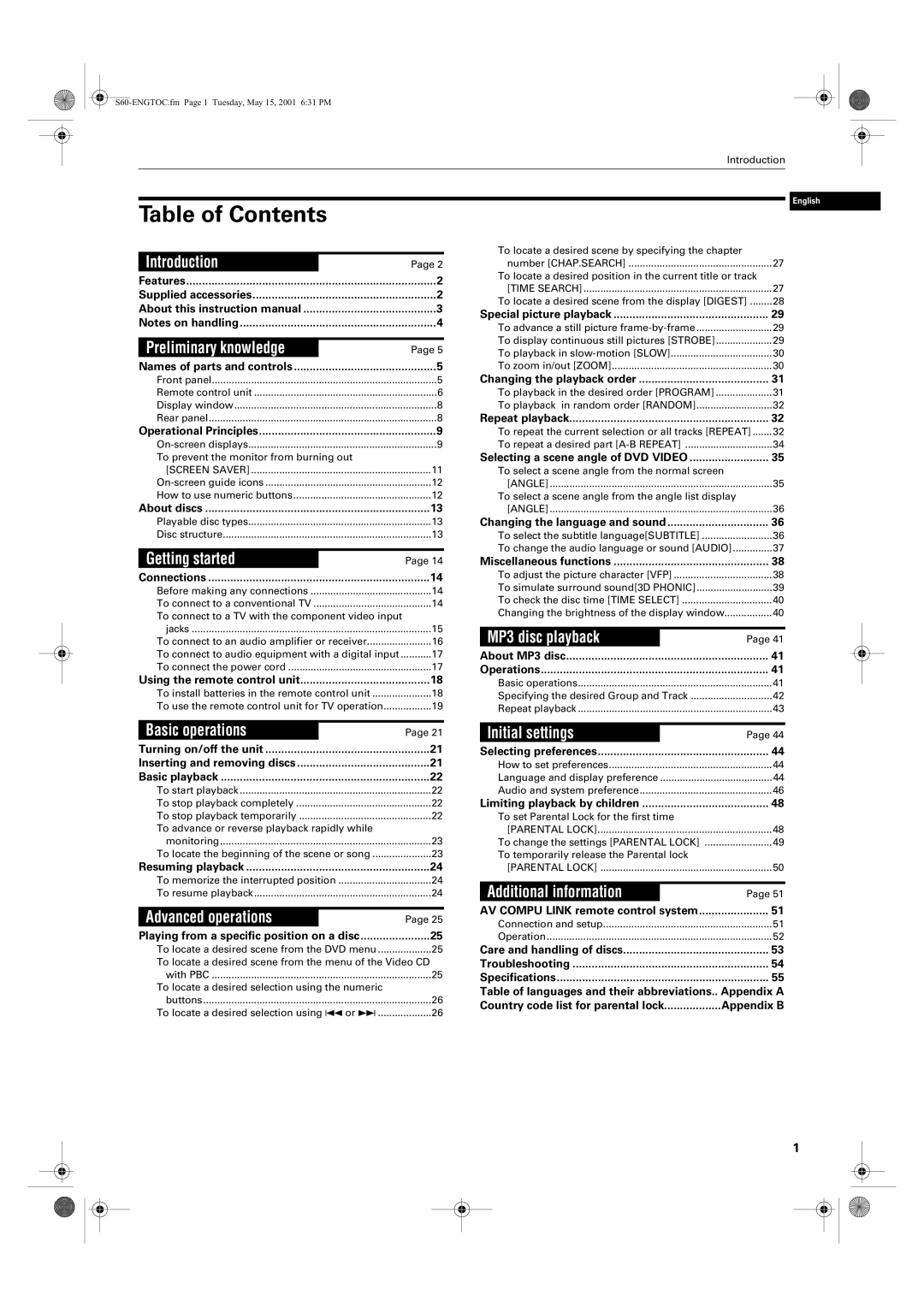 JVC XV-S62SL, XV-S65GD manual Table of Contents 