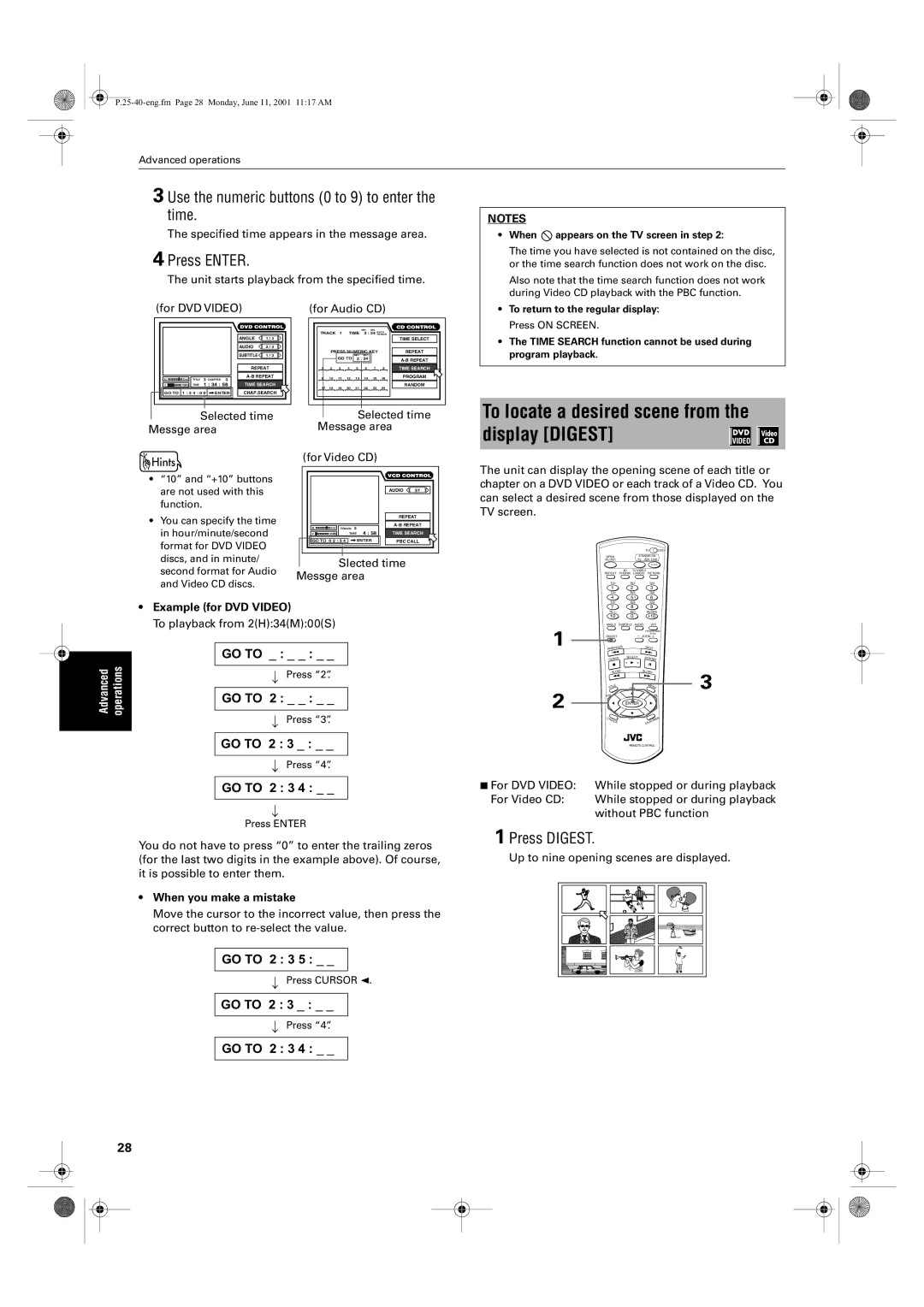 JVC XV-S65GD, XV-S62SL To locate a desired scene from the display Digest, Use the numeric buttons 0 to 9 to enter the time 