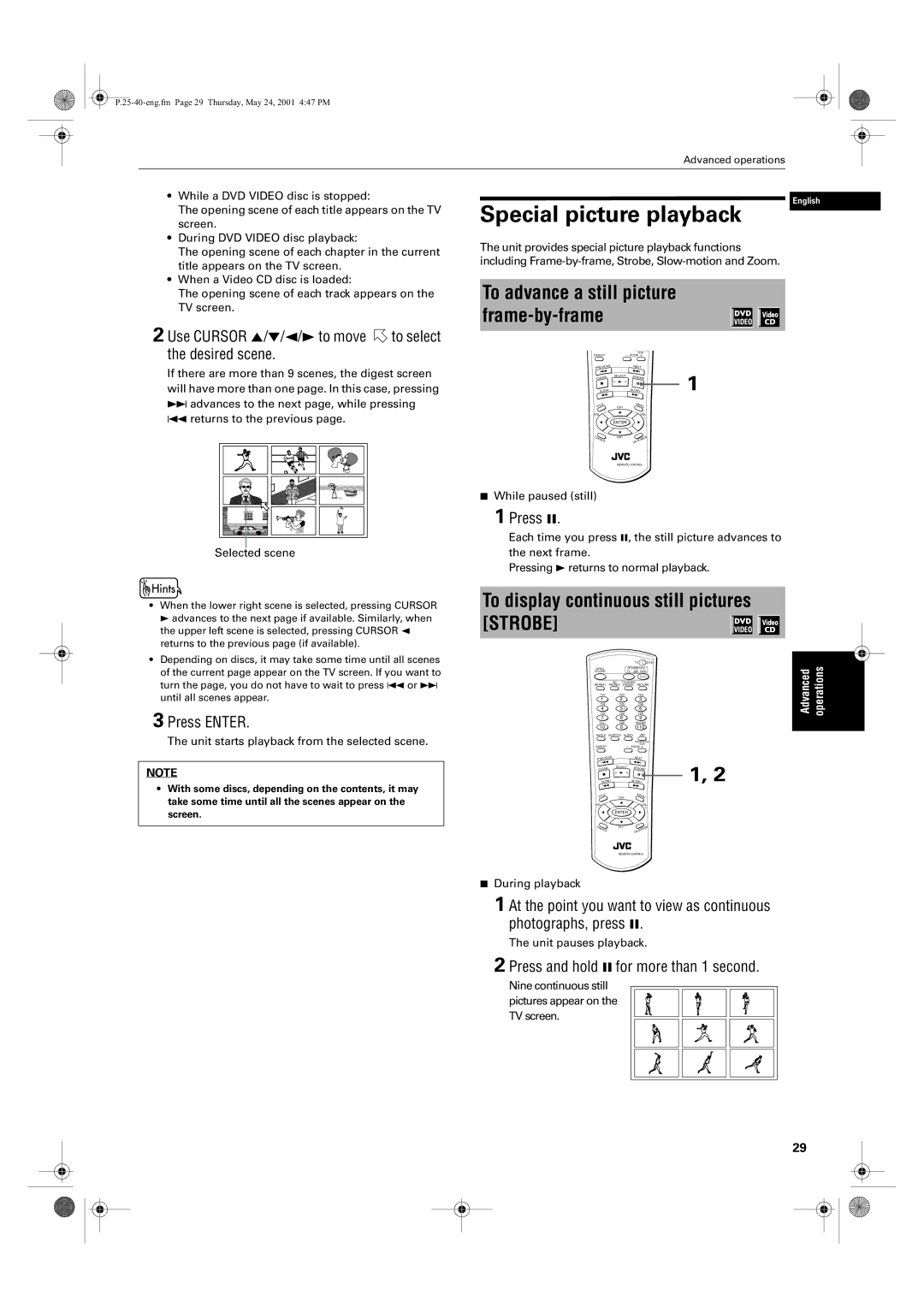 JVC XV-S62SL, XV-S65GD manual Special picture playback, To display continuous still pictures Strobe, Selected scene 