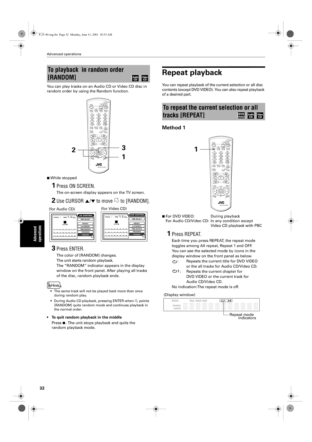 JVC XV-S65GD Repeat playback, To playback in random order Random, To repeat the current selection or all tracks Repeat 