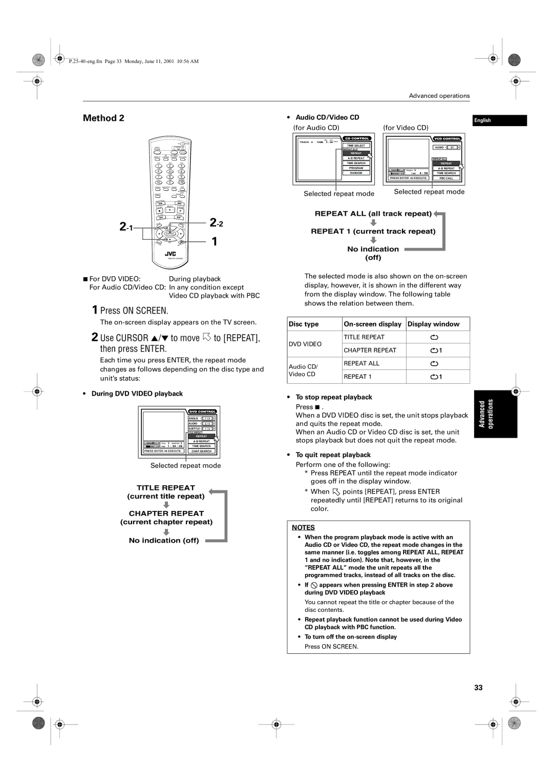 JVC XV-S62SL, XV-S65GD manual Use Cursor 5/∞ to move to REPEAT, then press Enter, Audio CD/Video CD 