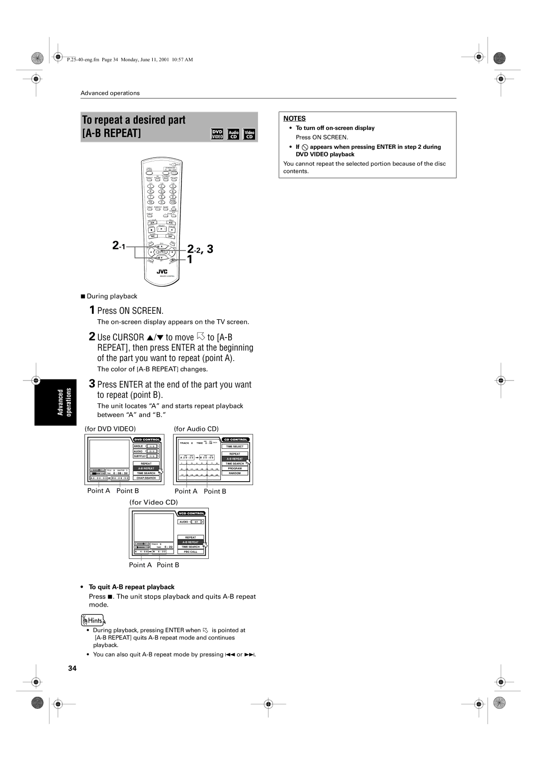 JVC XV-S65GD, XV-S62SL To repeat a desired part A-B Repeat, Use Cursor 5/∞ to move to A-B, Part you want to repeat point a 