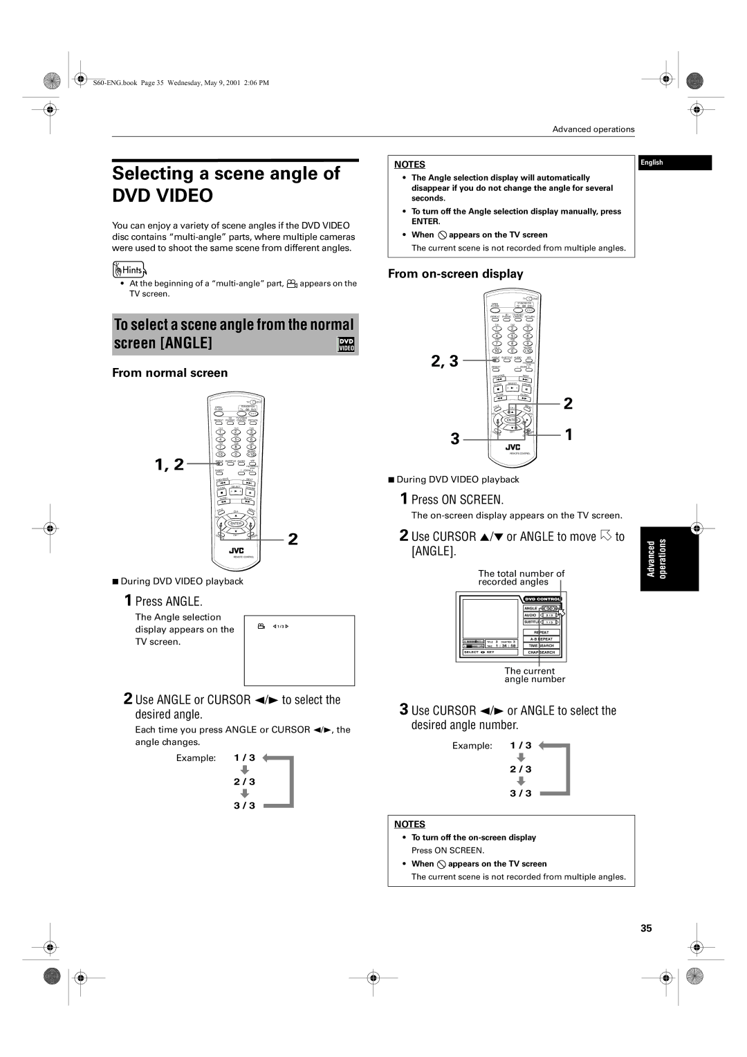 JVC XV-S62SL, XV-S65GD Selecting a scene angle, To select a scene angle from the normal screen Angle, From normal screen 