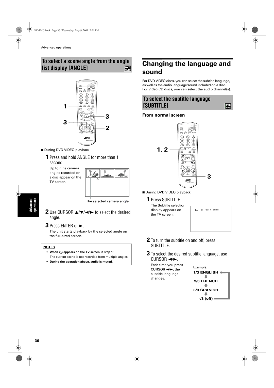 JVC XV-S65GD, XV-S62SL manual Changing the language and sound, To select a scene angle from the angle list display Angle 