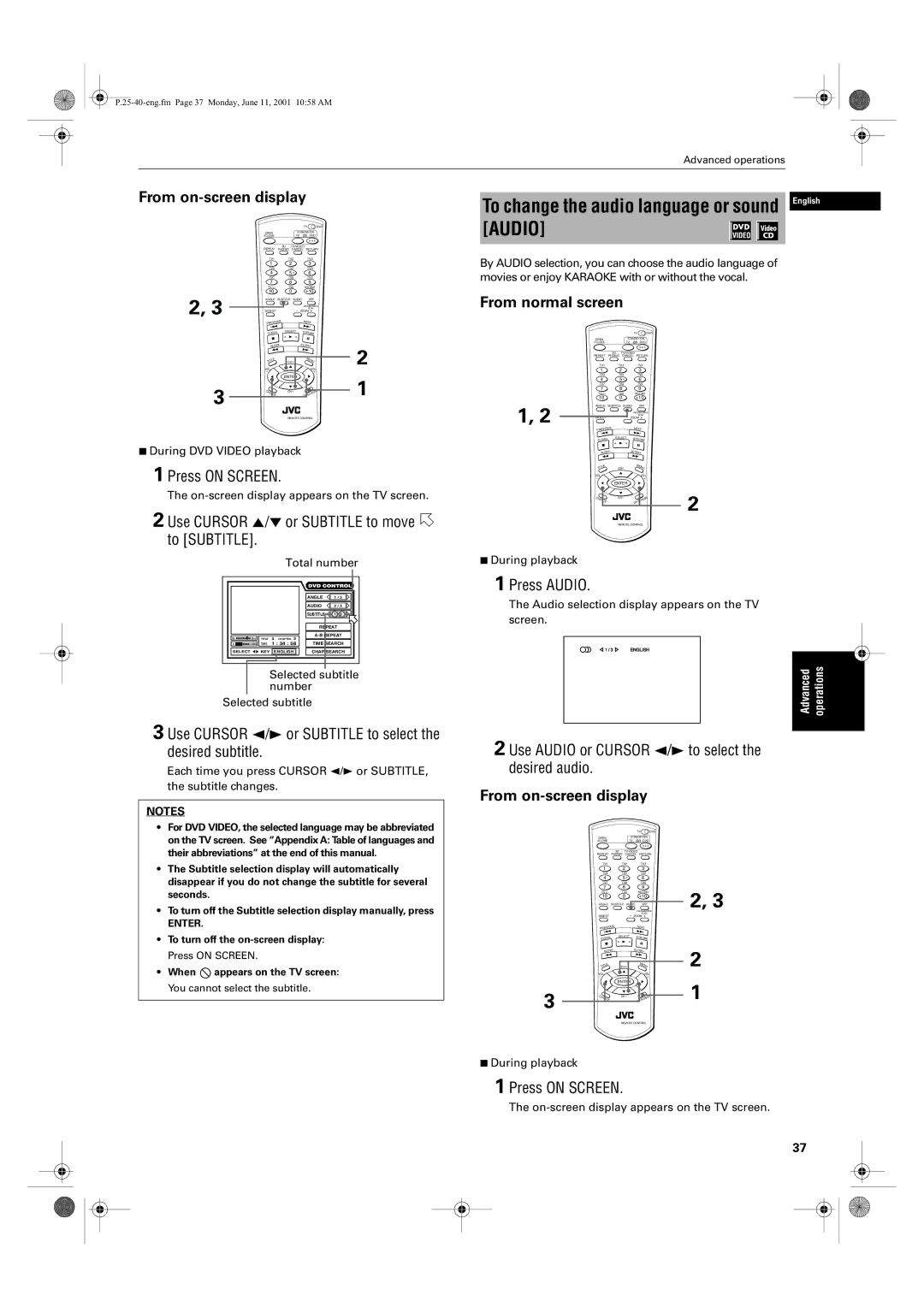 JVC XV-S62SL, XV-S65GD To change the audio language or sound English Audio, Use Cursor 5/∞ or Subtitle to move to Subtitle 