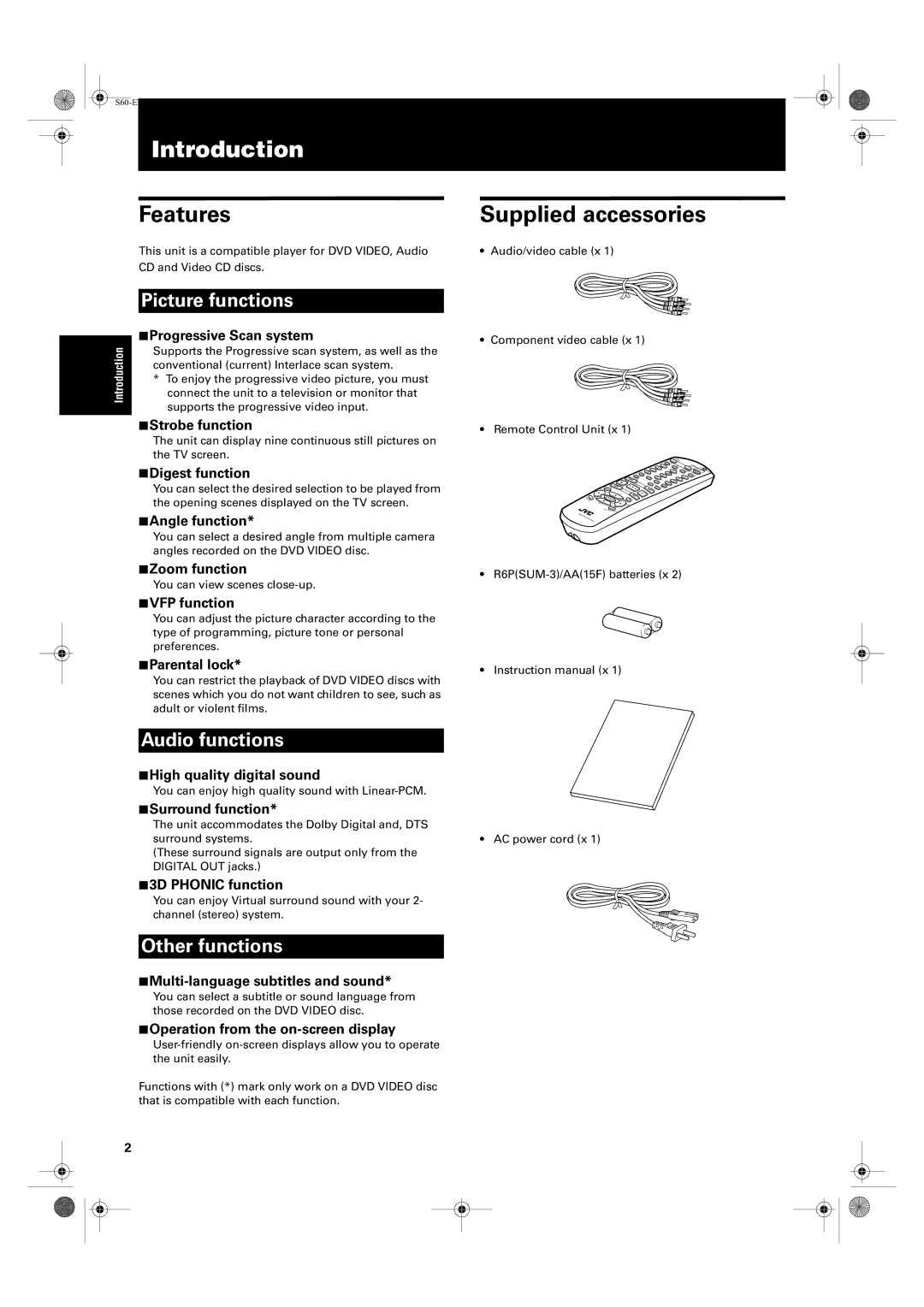 JVC XV-S65GD, XV-S62SL manual Introduction, Features, Supplied accessories 