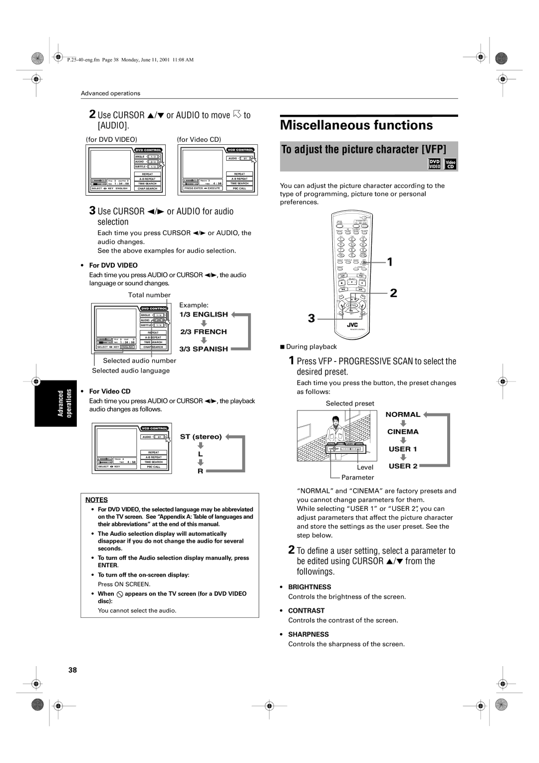 JVC XV-S65GD manual Miscellaneous functions, To adjust the picture character VFP, Use Cursor 5/∞ or Audio to move to Audio 