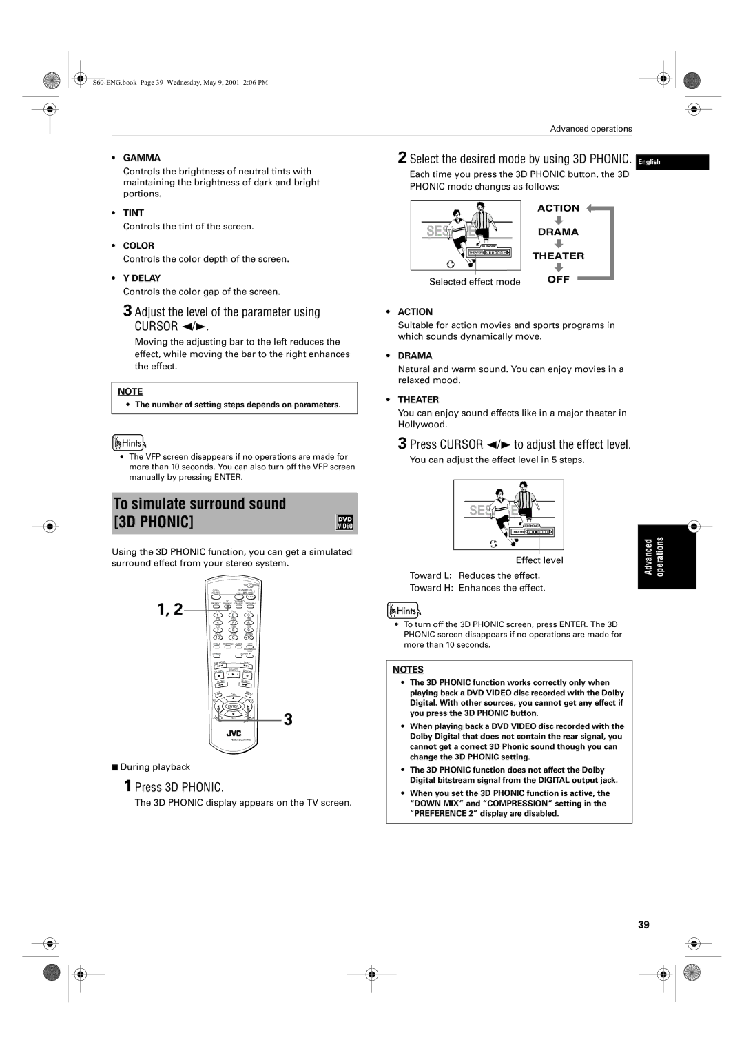 JVC XV-S62SL To simulate surround sound 3D Phonic, Adjust the level of the parameter using Cursor 2/3, Press 3D Phonic 