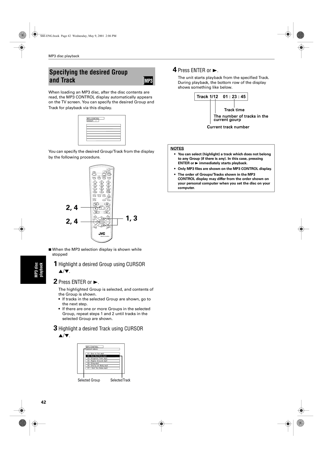 JVC XV-S65GD, XV-S62SL Specifying the desired Group and Track, Highlight a desired Group using Cursor Press Enter or 