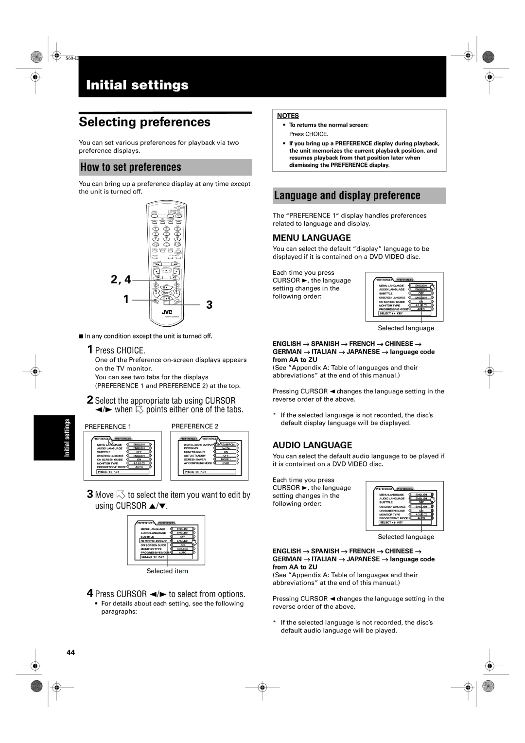 JVC XV-S65GD, XV-S62SL Initial settings, Selecting preferences, How to set preferences, Language and display preference 