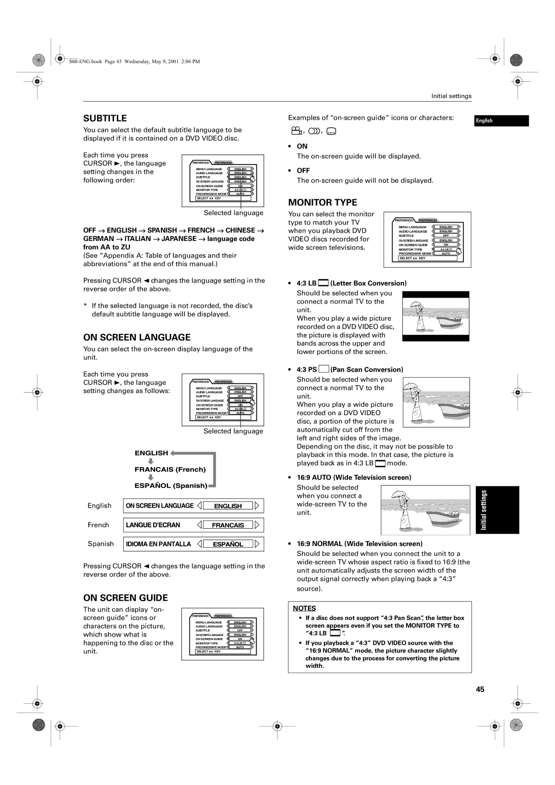 JVC XV-S62SL Setting changes as follows, You can select the monitor Type to match your TV, When you playback DVD, Unit 