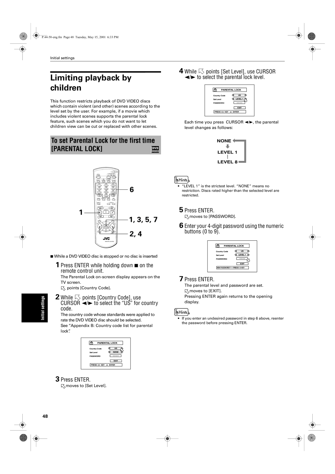 JVC XV-S65GD, XV-S62SL manual Limiting playback by children, To set Parental Lock for the first time 