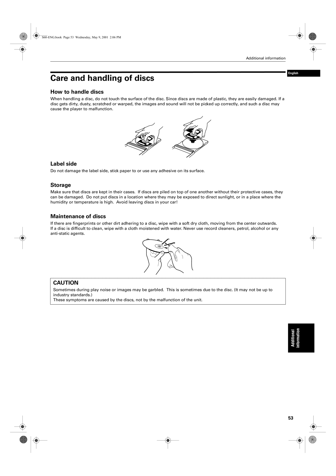 JVC XV-S62SL, XV-S65GD manual Care and handling of discs, How to handle discs, Label side, Storage, Maintenance of discs 