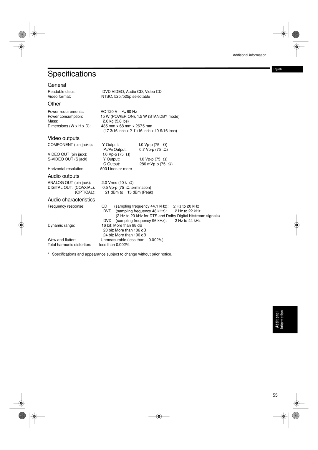 JVC XV-S62SL, XV-S65GD manual Specifications 