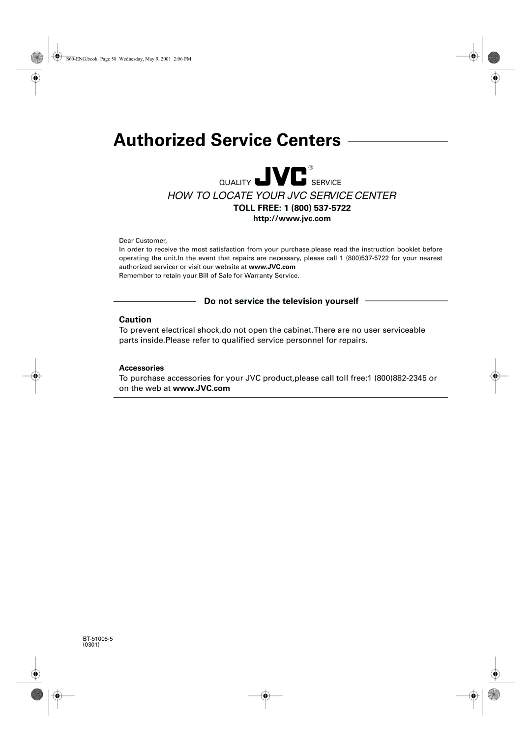 JVC XV-S65GD, XV-S62SL manual Authorized Service Centers 