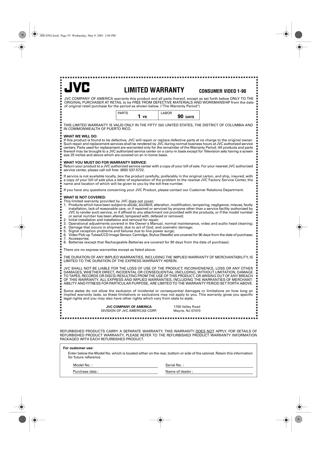 JVC XV-S62SL, XV-S65GD manual Limited Warranty 