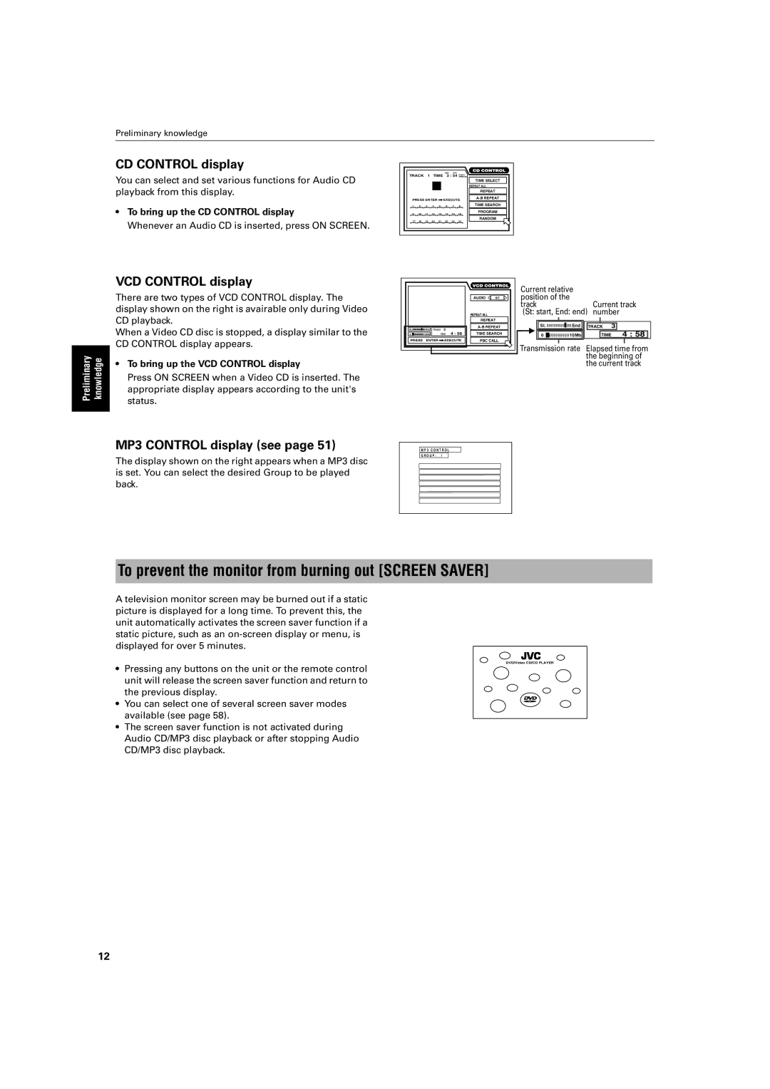 JVC XV-SA70BK manual To prevent the monitor from burning out Screen Saver, VCD Control display, MP3 Control display see 