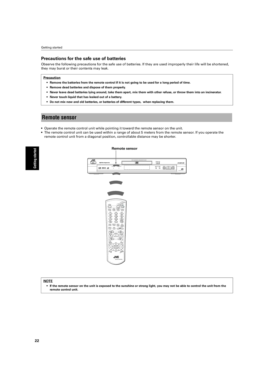 JVC XV-SA70BK manual Remote sensor, Precautions for the safe use of batteries 