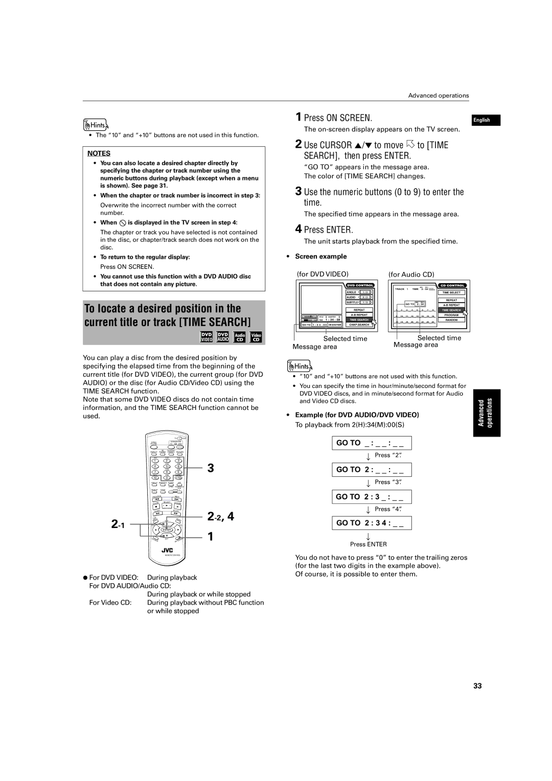 JVC XV-SA70BK Use Cursor 5/∞ to move to Time SEARCH, then press Enter, Use the numeric buttons 0 to 9 to enter the time 