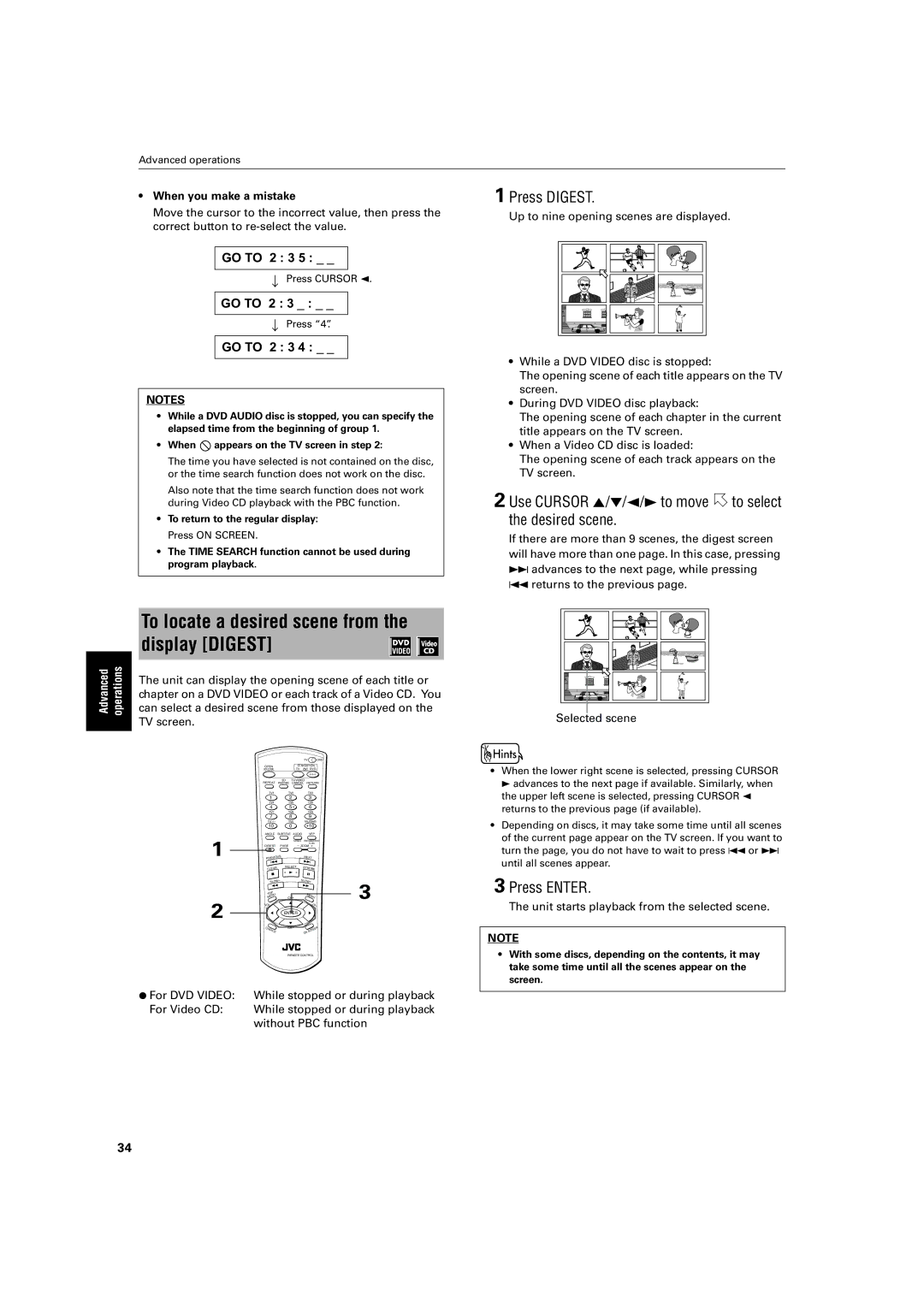 JVC XV-SA70BK manual To locate a desired scene from the display Digest, Press Digest, When you make a mistake 