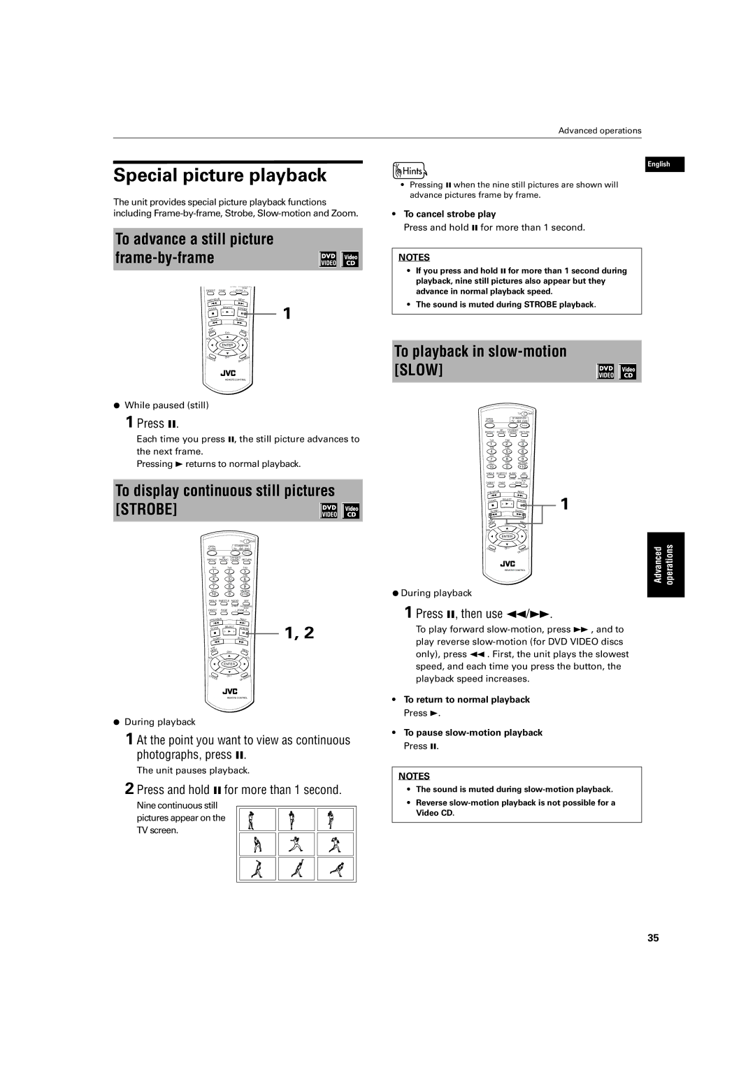 JVC XV-SA70BK manual Special picture playback, To playback in slow-motion Slow, To display continuous still pictures Strobe 