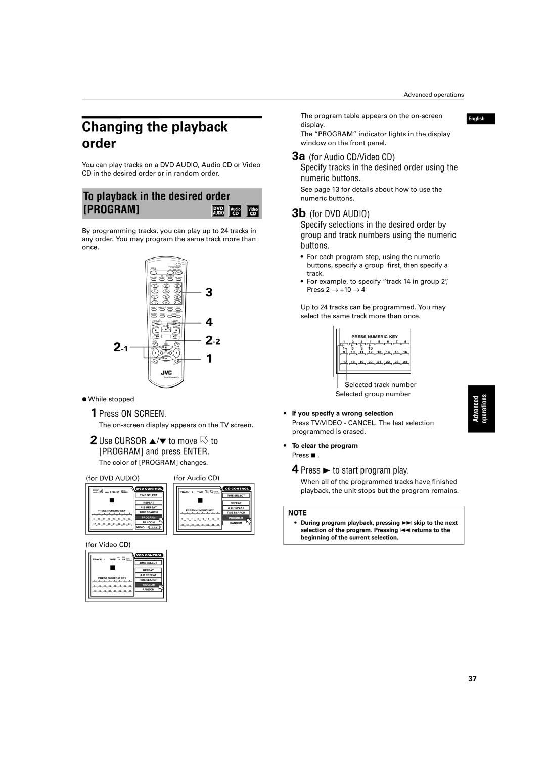 JVC XV-SA70BK manual Changing the playback order, To playback in the desired order Program 