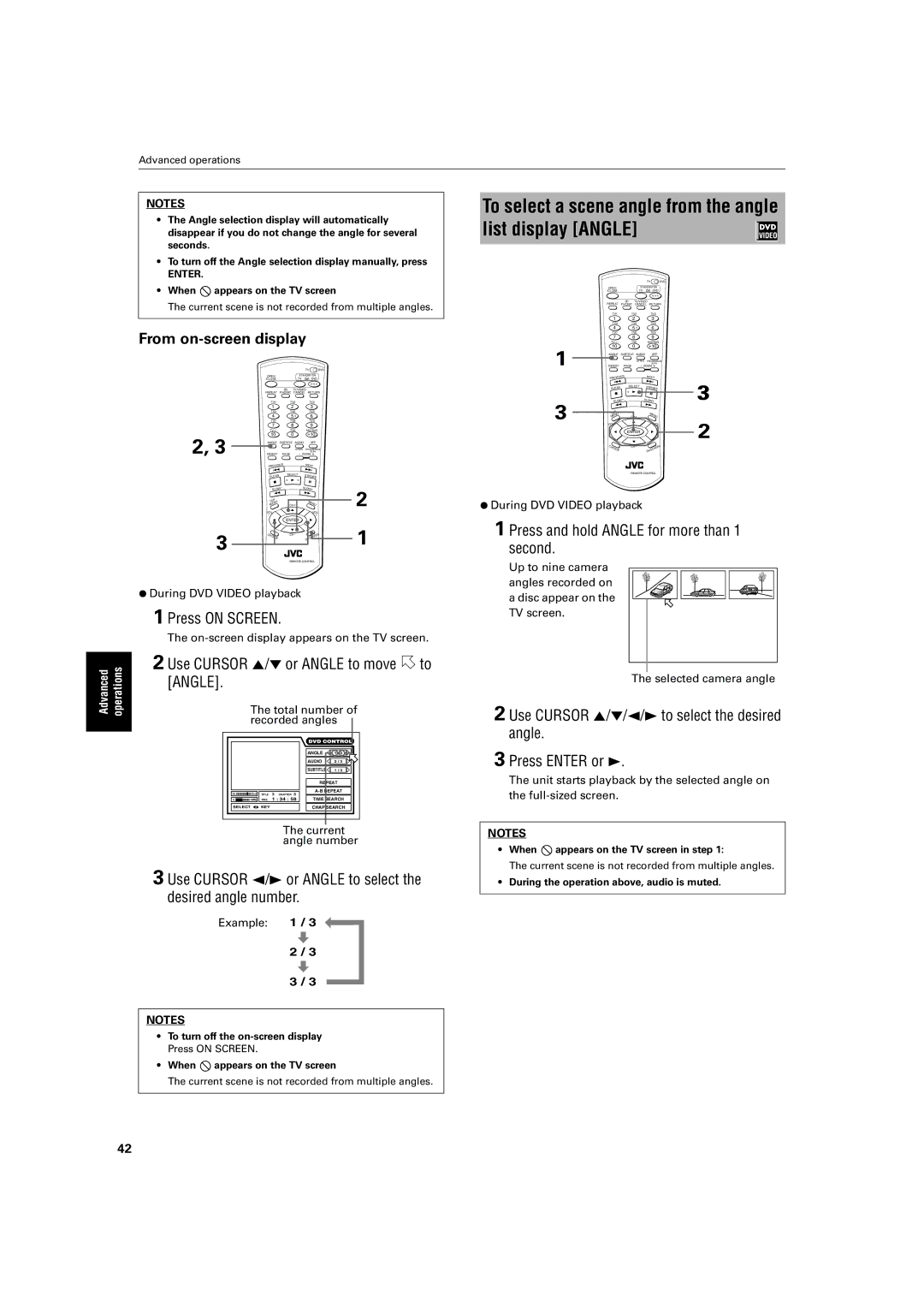 JVC XV-SA70BK manual From on-screen display, Use Cursor 2/3 or Angle to select the desired angle number, Total number 