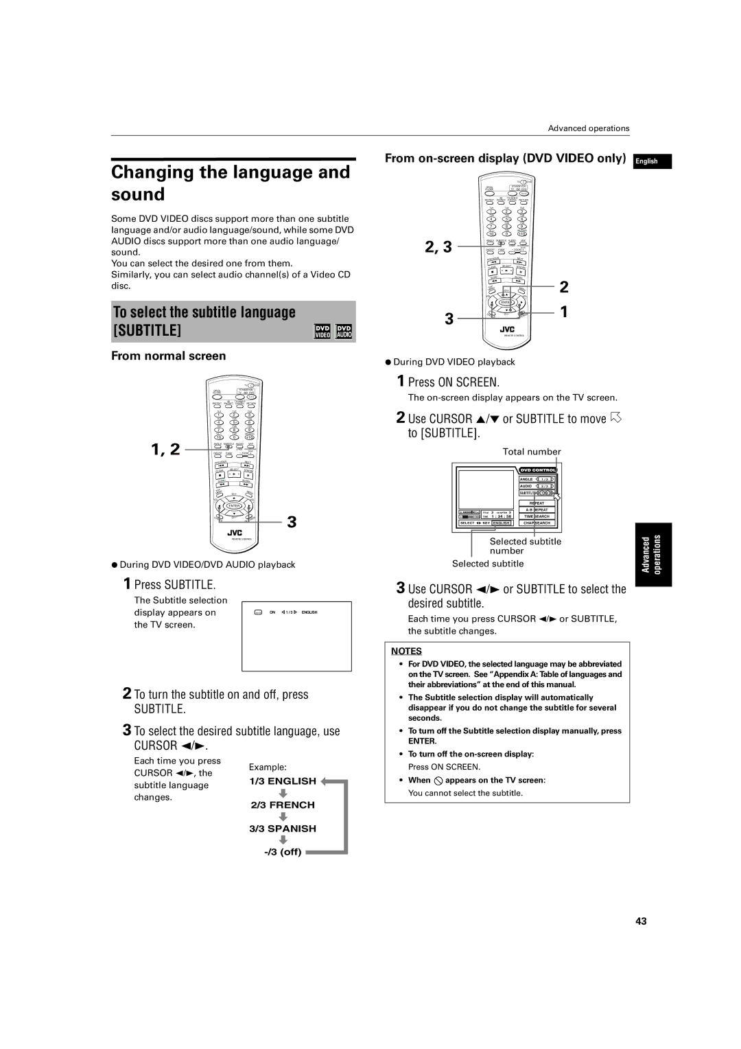 JVC XV-SA70BK manual Changing the language and sound, To select the subtitle language Subtitle 